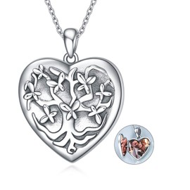 YAFEINI Picture Locket Necklace Sterling Silver Butterfly Tree Of Life Expanding Heart Locket Necklace Memorial Jewelry Gifts For Women