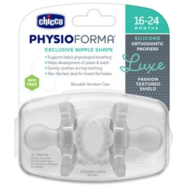 Chicco PhysioForma Luxe Silicone One Piece Pacifier for Babies Aged 16-24m | Fashion Textured Shield | BPA & Latex Free | Reusable Sterilizing Case | Crystal, 2pk