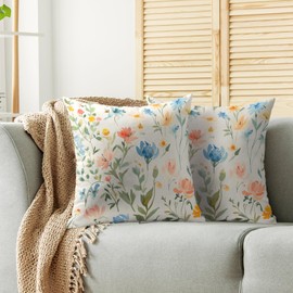 Spring Floral Throw Pillow Covers 18x18 Inch Set of 2, Watercolor Blue Pink Yellow Green Flower Decorative Throw Pillowcases Outdoor Farmhouse Cushion Covers Summer Seasonal Decor for Sofa Couch Bed