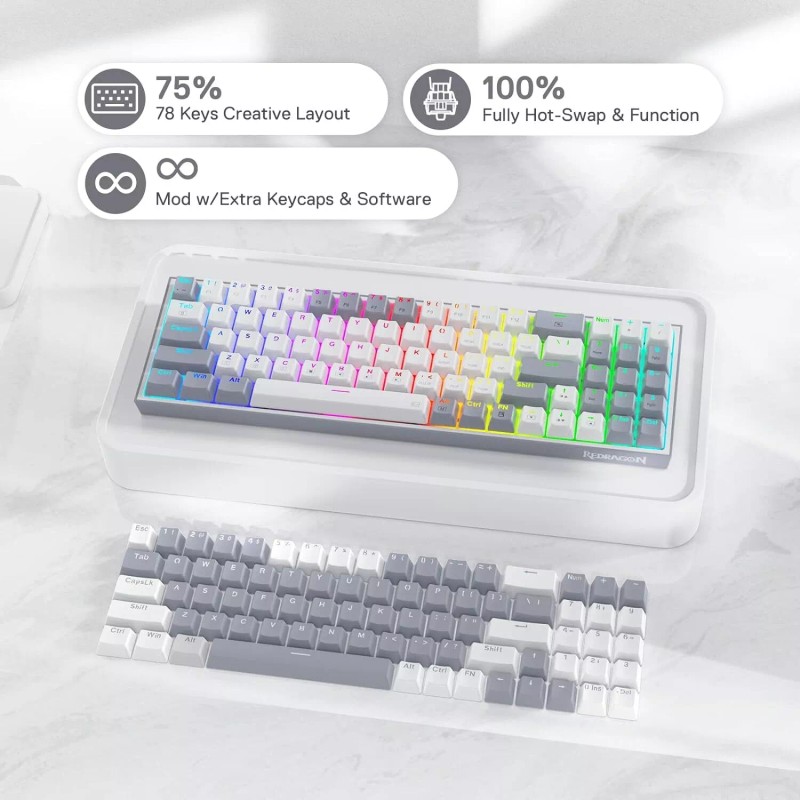 Redragon K628 Pollux 75% Wired RGB Gaming Keyboard, 78 Keys,