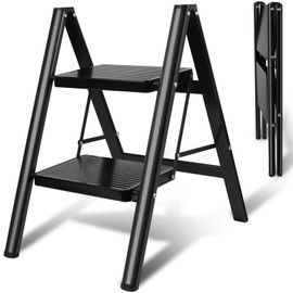 2-Step Ladder – Heavy Duty Folding Step Stool, 350 lbs Aluminum Frame, Anti-Slip Wide Steps, Portable & Space-Saving for Kitchen, Garage, Home Use (Black)
