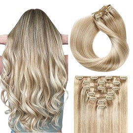 SUYYA Clip-In Real Hair Extensions, Salon Remy Human Hair Extensions, Straight Straight Hair Extensions, Clip, Double Stitched, 18 Inches, 45 cm, 7 Pieces, 80 g, #P18/613 Ash Blonde with Bleach Blonde
