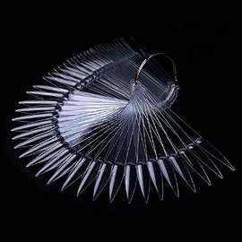 2 Sets 100 Tips Fan Shape Plastic Nail Art Tips Display Polish Board Display Practice Sticks with Metal Split Ring Holder (Clear Color)