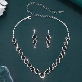 Unicra Silver Bridal Wedding Jewelry Set Rhinestone Necklace Earrings Sets Crystal Formal Costume Jewelry for Women and Brides (Black)