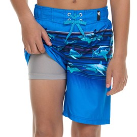 ZeroXposur Boys Swim Trunks with Compression Liner and Goggles, Quick Dry Swim Shorts, UPF 50+ 2 in 1 Boxer Brief Swimsuit for Kids Ocean