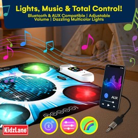 Kidzlane Light Up DJ Dance Mat for Kids - Bluetooth & AUX Compatible - 3 Fun Arcade Games with 5 Difficulty Levels - Detachable Discoball & Fairytail - Adjustable Volume - Ages 6+