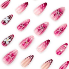 24Pcs Summer Red Press on Nails Almond Shaped Fake Nails with 3D Flower Designs Medium Length French Tip Stripe False Nails Summer Glue on Nails Floral Stick on Nails for Women