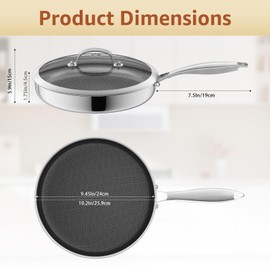 LOLYKITCH 10 In Hybrid Nonstick Stainless Steel Sauté Pan with Lid,Deep Frying Pan,Skillet,Induction Pan,Heavy Duty and Oven Safe,Detachable Handle.