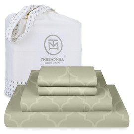 Threadmill 100% Cotton Sheets for King Size Bed | 4 Pc King Bed Sheets Set | Soft, Breathable Lightweight Damask Sateen for All-Season Use | Snug Fit Elastic Deep Pocket King Sheets | Sage