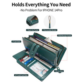 TFKGS Womens Wallet RFID Blocking Large Capacity Leather Clutch Wallet Credit Card Holder Organizer with Wristlet Green