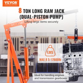 VEVOR Hydraulic Long Ram Jack, 8 Ton Engine Hoist Cylinder with Double Piston Pump and Clevis Base, Hydraulic Ram Cylinder for Engine Lift Hoists, Hydraulic Garage/Shop Cranes, Mechanical, Farm