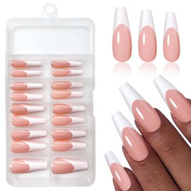 French Tip Press on Nails Long Coffin Fake Nails White French Tip Nails Press ons Acrylic Nails Cute False Nails Glossy Glue on Nails Artificial Stick on Nails for Women Manicure Decorations 120 Pcs