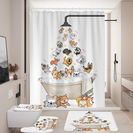 Coxila Cute Raining Dogs Shower Curtain Sets Cartoon Kids Corgi Animal Pattern Colorful Funny Pets Toilet Lid Cover U Shaped Bath Mat 4 Pcs Decor Bathroom Non-Slip Rug Fabric Polyester 60x72 Inch