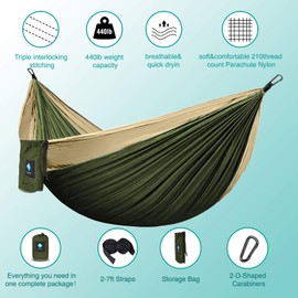 Hammock Camping Portable Single Hammocks for Outdoor Hiking Travel Backpacking - 210D Nylon Tree Tent Swing Beds for Backyard & Garden Hammock (Green/Khaki)