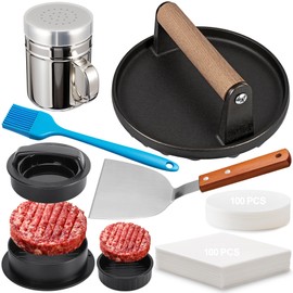 GPYG 7" Cast Iron Smash Burger Press, Hamburger Press Patty Maker, Stainless Steel Spatula, Nonstick Patty Papers, Seasoning Shaker and Brush, Smash Burger Press Kit for Blackstone Griddle Grills