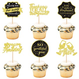 Ercadio 24Pcs We Appreciate You Cupcake Toppers Decor Picks Glitter Black Gold Thank You for Being Awesome Decor for Retirement Teacher Staff Graduation Appreciation Party Supplies