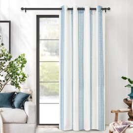 DriftAway Farmhouse Vertical Striped Linen Blend Textured Light Filtering Semi Sheer Curtains for Living Room Bedroom 84 Inches Long Drapes 1 Panel Broad Striped Jean Navy on Beige