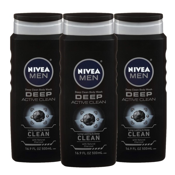 NIVEA Men Deep Active Clean Body Wash - 8-Hour Fresh Scent with Natural Charcoal - 16.9 Fl. Oz. Bottle (Pack of 3)