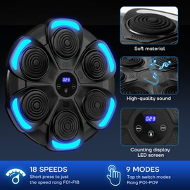 komkoc Music Boxing Machine with Bluetooth 5.0 - Interactive Punching Bag for Adults & Kids, Includes 2 Gloves, Towel & Resistance Band - Wall Mounted Home Gym & Fitness Equipment(Black)