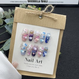 [Overseas] Kitty Nail Plate Pure Hand Wear Dopamine Kitty Nail Patch Color 3D Cute Girl Feel Long Number 24647/ XS 4ea