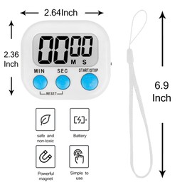 ZILLEEN Kitchen Timer Digital with Magnetic Back for Kids Classroom, White 6 Pack