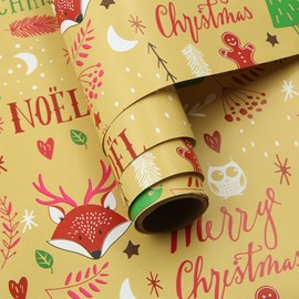 Gingerbread Man Deer With Antler Owl Hedgehog Tree Leaves Acorn Printed On Yellow Christmas Wrapping Paper -1 Mini Roll 17 X 10 ft Per roll 14.1 sq.ft.ttl- Gift Wrap For Kids Girls Boys Happy Holidays Birthdday Merry Xmas Noel