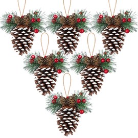 6 Pieces Natural Pinecone Ornaments for Christmas Tree Fall Mini Rustic Pine Cone Hanging Ornament Christmas Tree Decorations Small Thanksgiving Ornament with Pine Needle Berry for DIY Crafts Wedding