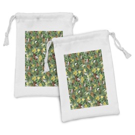Ambesonne Tropical Fabric Pouch Set of 2, Pineapples Banana and Coconut Pattern in Fern Leaves Exotic Hawaiian, Small Drawstring Bag for Toiletries Masks and Favors, 9" x 6", Green Brown Yellow