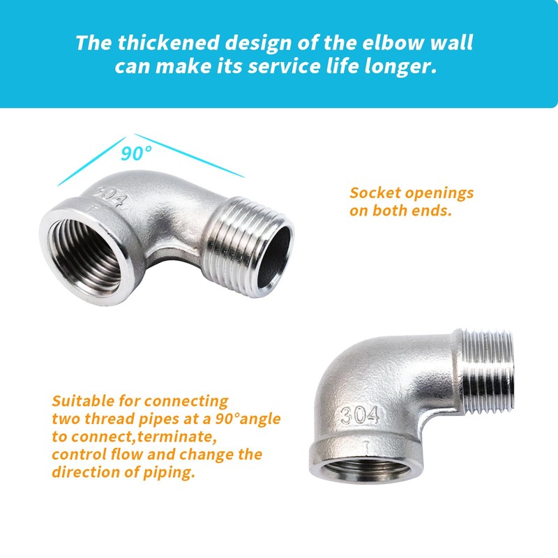 S SYDIEN 2Pcs 304 Stainless Steel 90 Degree Elbow 1/2"