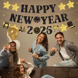 Happy New Year Banner2025, No-Diy New Years Decorations Banner, Glitter Nye Decorations 2025 Garland for New Years Eve Party Supplies 2025