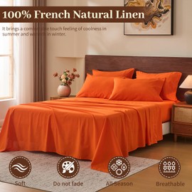 MEISHANG 100% Linen Sheets King Size - 4 Piece Breathable Sheet Set, Ultra-Soft Durable Flax Linen, Naturally Cooling & Moisture Wicking with 16" Deep Pocket (Orange)