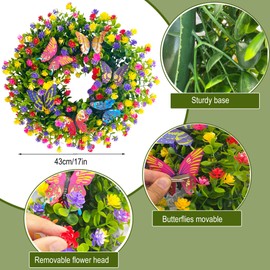 Eucalyptus Wreath for Front Door, Spring Summer Colorful Flowers Wreath, Lifelike Artificial Door Wreath Decoration for Farmhouse Wall Window Garden Farmhouse Décor (With Butterflies, 43CM)