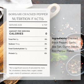 Borsari Cracked Pepper Seasoning Blend - Fresh Cracked Black Pepper Seasoned Salt Blend with Garlic & Red Pepper Flakes - Gourmet Pepper Blend for Meat and Poultry (Cracked Pepper 3oz, Pack of 1)