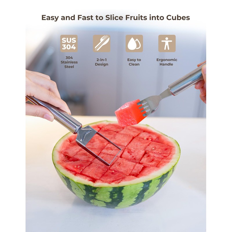 CripsTaste Watermelon Fork Cutter Slicer Tool, 2-in-1 Stainless Steel Fruit
