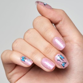 GLAMERMAID Light Pink Press on Nails Extra Short Square, Y2K 3D Butterfly Gel Fake Nails Round Squoval, Spring Summer Shimmer Acrylic Glue on False Nails Tips, Glitter Square Stick on Nail for Women