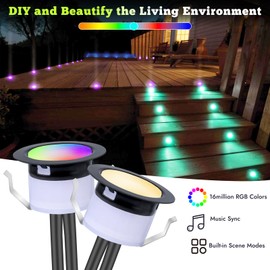FVTLED LED Deck Lights Kit, 10pcs Φ1.22 WiFi Smart Phone Control Low Voltage Recessed RGBW Deck Lighting Waterproof Outdoor Yard Path Stair Decor, Black