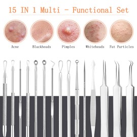 LOPHE Blackhead Remover Tool Kit, 15PCS Pimple Popper Tool Kit Stainless Steel Comedone Extractor Tweezers Acne Needle Pimple Popping Kit for Removing Pimple Blackheads Zit on Forehead Facial Nose