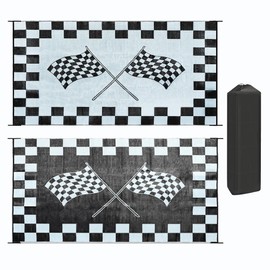 EEZ RV Products 9ft x 18ft Heavy Duty Reversible/Durable Outdoor Patio/RVing Camping Mats Come with Large Storage Bag & 6 Sets of Stakes and Washer, Black & White Checker Flag
