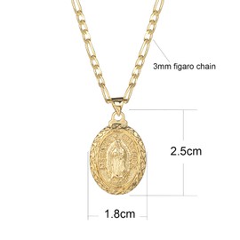 kelistom 14K Gold Plated Guadalupe Virgin Mary Pendant Necklace for Women Men 3mm Flat Figaro Chain Necklace 18/22 inches