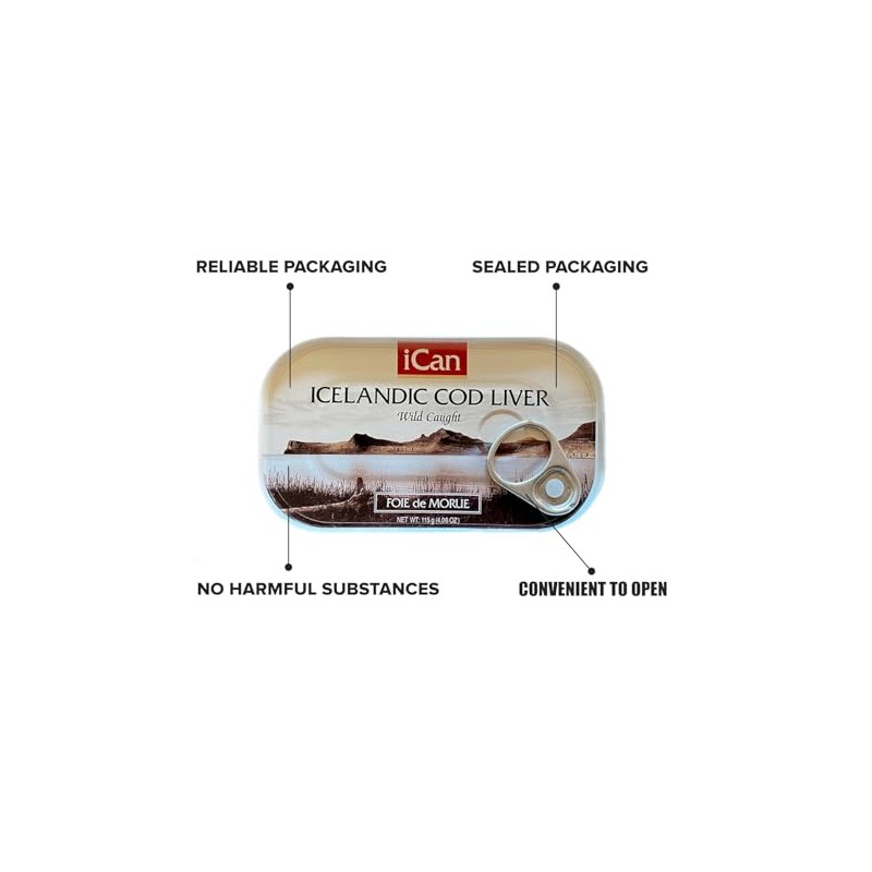 Ican Hígado de bacalao salvaje enlatado de Islandia, paquete de
