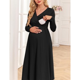 AISWI Women's 2024 Fall Maternity Nursing Dress with Pockets Long Sleeve V Neck Clothes Midi Pregnancy Dresses, Solid, Black, Medium