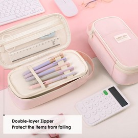 SKYDUE Large Capacity Pencil Case Organizer - Aesthetic School Supply Bag for Students & Adults, Zippered Pencil Pouch with Multi-Compartment Pink