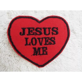 Handmade Red Heart Jesus Loves Me 3-5/8" Embroidery Iron-on Patch (E32)