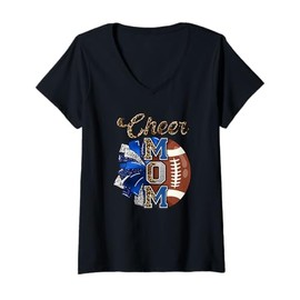 Womens Football Cheer Mom Navy Blue Pom Leopard V-Neck T-Shirt
