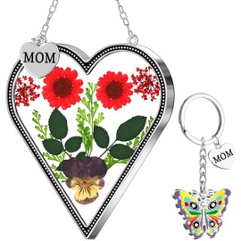 KY&BOSAM KY&BOSAM Heart Suncatcher Mom Gifts Glass Butterfly Suncatchers for Window Hanging with Pressed Flower Between Heart in Glass and Metal Charm Gifts for Mom Mother's Day Valentine's Birthday Christmas