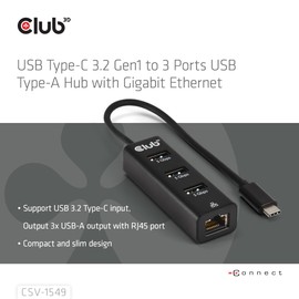 Club3D CSV-1549 USB Type-C 3.2 Gen1 to 3 Port USB Type-A Hub with Gigabit Ethernet