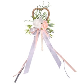 Benytro White Wedding Flower Girl Wand Handmade Fairy Wands for Woodland Wedding Bridal Shower Magic Floral Wand with Heart Silk Ribbon in Gift Box for Wedding Bridal Shower Birthday Party (Pink)