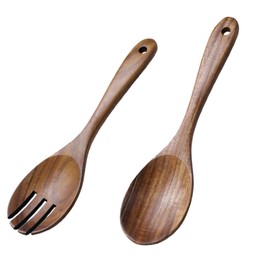 Generic 2 Pieces Wooden Salad Servers,10.2 inches Wood Serving Spoons Set Salad Mixing Dinner Fork and Spoon Long Handle Salad Tongs Kitchen Cooking Utensil Cutlery Set,Wooden Salad Tongs