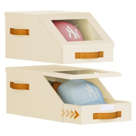 Homsorout Hat Organizer for Baseball Caps - 2PCS Stackable Storage with Clear Lid, Drawer & Flip-Top Access, Space-Saving Hat Box for Closet, Breathable Fabric, Beige