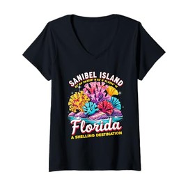 Womens Sanibel Island Florida Shelling Coral Beach Design V-Neck T-Shirt